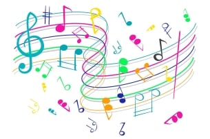 Bars of music with colorful and playful notes