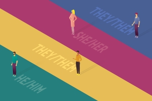 An illustration with a cross section of people expressing their gender pronouns.