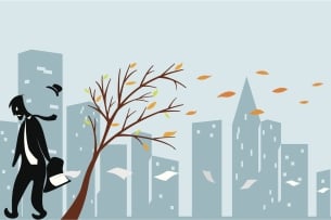 Man walks forlornly through a blue city as leaves fall off a tree and papers fly out of his briefcase
