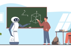 Robot and students in class; one student stands with robot in front of a blackboard pointing at a geometric shape as if teaching the robot
