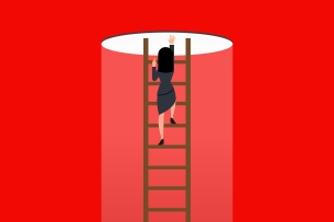 Woman climbing up ladder toward light emanating from a hole in the ceiling 