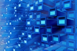 An illustration of a massive blue wall of file drawers, most of them open