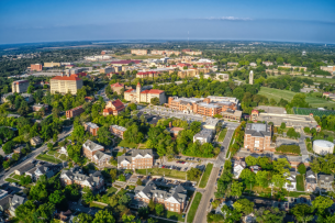 An aerial view of Lawrence, Kansas, and the University of Kansas campus