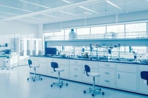 A silver-toned photo of a gleaming, modern empty science laboratory.