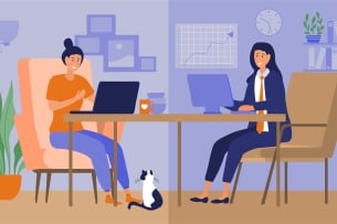Split screen image of young woman working at her computer at home casually, on one side, and the same woman working on her computer in professional clothes at an office with a clock and graph on the wall, on the other side