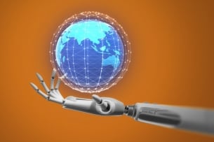 A robot hand holds a digitized globe against an orange background.