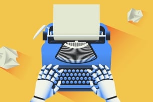 Robot hands are placed on a blue typewriter. The overall background image is yellow, with two pieces of crumpled paper on either side of the typewriter. 