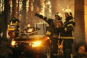 Portrait of two professional firefighters standing next to an all-terrain vehicle, using heavy-duty laptop computer and figuring out a best strategy for extinguishing the wildland fire