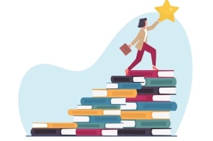 Woman holding briefcase who has climbed to the top of a stack of books and reached a star that is only accessible from the top book.