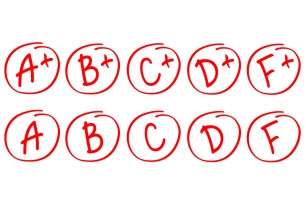 A graphic depicting grades ranging from A+ to F, each written in red ink and circled.