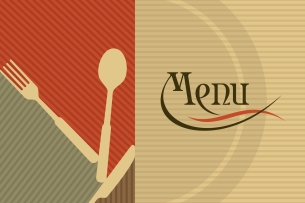 split screen image of fork, spoon, and knife balanced against each other on one side and the word Menu in script on the other