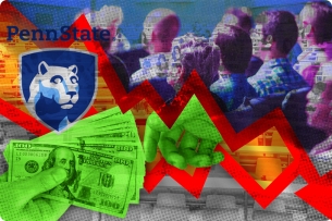 An abstract photo illustration of people and money set against the Penn State logo.