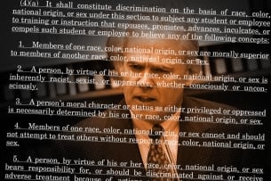 A photo illustration including a photograph of Charles J. (Chuck) Cooper with text from the Stop WOKE Act superimposed over his face.
