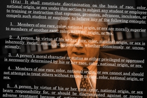 A photo illustration including a photograph of Charles J. (Chuck) Cooper with text from the Stop WOKE Act superimposed over his face.