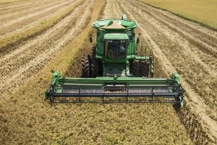 Aerial view of the rice harvest at 3S Ranch, near El Campo, Texas.