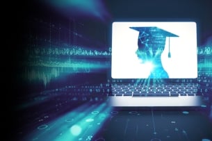 A computer screen with a silhouette wearing a graduation hat is surrounded by blue digital lines 