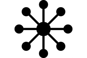An icon depicting centralization: the icon features a central circle, from which eight lines and circles radiate outward, akin to the hub and spokes of a wheel.