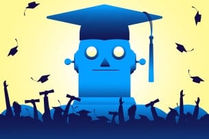 A robot looms in the background wearing a graduation cap, while a group of human graduates celebrate by throwing their caps in the air and hoisting their degrees in their hands 