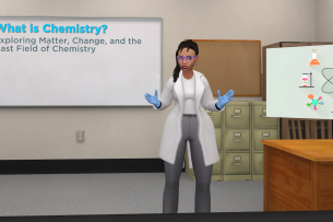 An animated woman stands in a classroom. She is wearing a lab coat and has a whiteboard behind her on the left and a chart examining an atom floating next to her on the right.