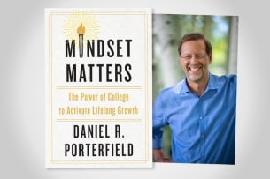 A picture of the Mindset Matters book jacket beside a smiling photo of the author