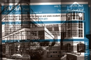 Black-and-white shots of campuses making cutbacks overlaid with an image of the FAFSA form