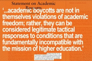 A photo illustration with a quote from the AAUP’s new statement on academic boycotts, superimposed over a longer portion of the statement.