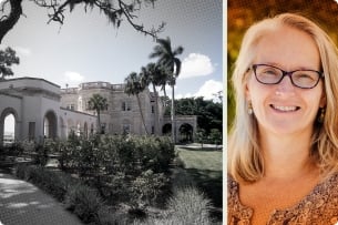 A photo illustration composed of a photograph of New College of Florida's campus on the left and New College faculty chair Amy Reid on the right.