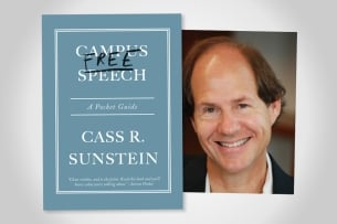 A blue book cover on the left reading "Campus Free Speech: A Pocket Guide - Cass R. Sunstein." A photo of Sunstein, a light-skinned man with dark hair and a high forehead, on the right.