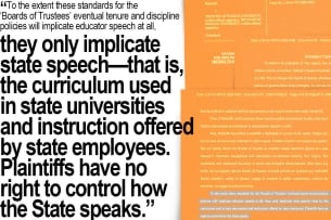 A photo illustration showing documents from a lawsuit, with a highlighted quote saying “curriculum used in state universities and instruction offered by state employees” is “state speech.”