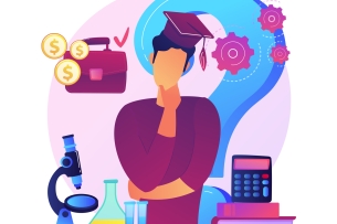 Student with mortarboard standing before a big question mark surrounded by symbols of professions including medicine and business, as well as a book and a calculator