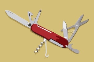 Illustration of open Swiss army knife on mustard-colored background