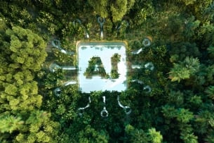 An icon that says "AI" can be seen from above in the middle of an expanse of otherwise intact rainforest.