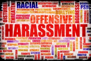 A word cloud featuring words associated with harassment. The word “harassment” is largest and in the center. Other prominently featured words (among dozens) include “offensive,” “racial,” “bullying,” “aggressive,” and “threatening.”