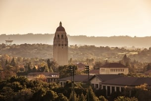 A photograph of Stanford University's campus, showing the Hoover Tower.