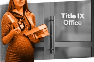 A pregnant student stands in front of a Title IX office