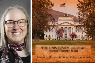 Photo on the left of Lori McDonald, a white woman with glasses. Photo on the right of the University of Utah campus.