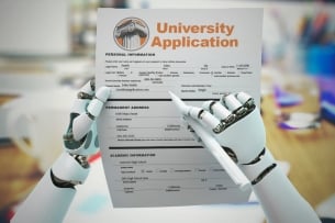Robot hands hold a paper titled "university admissions" with one finger pointing toward the application