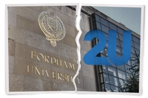 The Fordham University name and logo is on the left side, with the 2U logo on the right side. There is a jagged line down the middle between the two entities. 