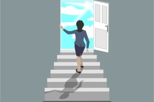 Woman walks up stairs toward a door opening to blue skies