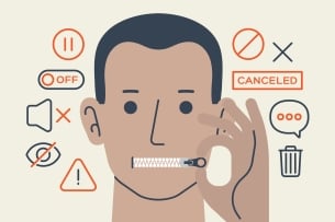 An illustration of a young man pulling a zipper shut over his mouth; surrounding him are icons that say things like "canceled" or "off," or that imply the volume is off.