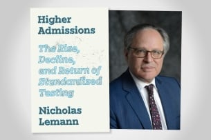 The book cover of Higher Admissions by Nicholas Lemann along with a photo of the author, a light-skinned man with gray hair and glasses.