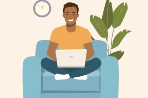 An illustration of a young Black man smiling widely while typing on a laptop. He sits cross-legged on what appears to be a comfortable blue armchair; a plant and a clock are in the background.