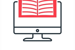 A stark, black, red and white icon-like illustration featuring an open book atop a computer monitor, above the words "Digital Literacy."