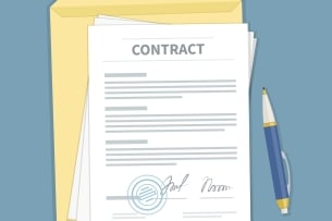 An illustration of a document that says "Contract" at the top, atop a folder and next to a pen.