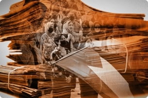 A photo illustration in orange tones including documents and protesters