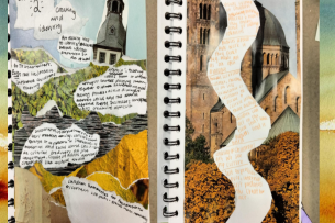 A student notebook with cutouts of photos and magazine pages with notes in between