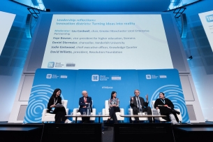 A panel of education and industry leaders discuss innovation districts at the World Academic Summit