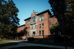 A view of Carlow University's campus on a sunny day.