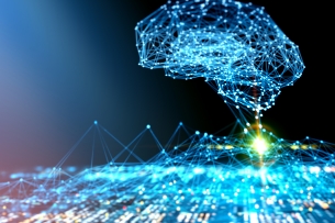 An illustration of artificial intelligence as a concept. An AI "brain" is brightly lit and hovers against a black background above a lit-up circuit board.