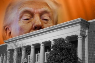 A photo illustration of Donald Trump overlooking a college campus.